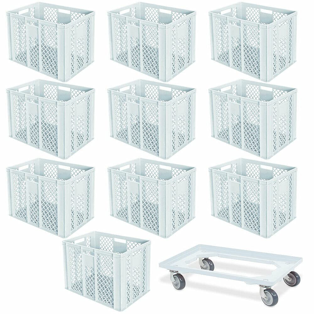 10er SPAR-Set Euro-Stapelbehälter PLUS GRATIS Transportroller, 600x400x410 mm Industriequalität lebe