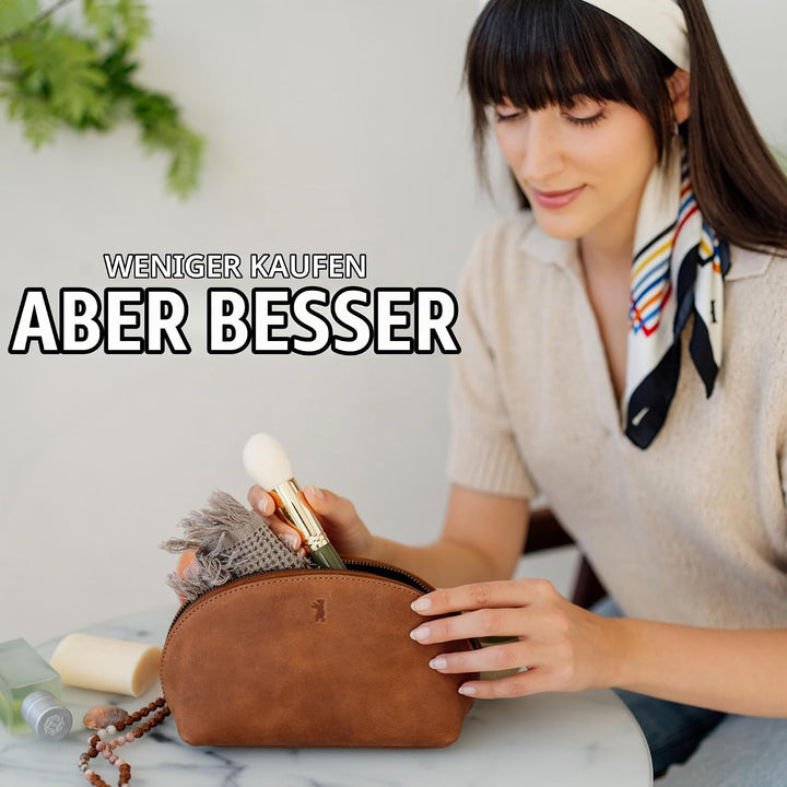 Berliner Bags Vintage Kosmetiktasche Zoe, Kleiner Kulturbeutel, Schminktasche aus Leder, Federmäppch