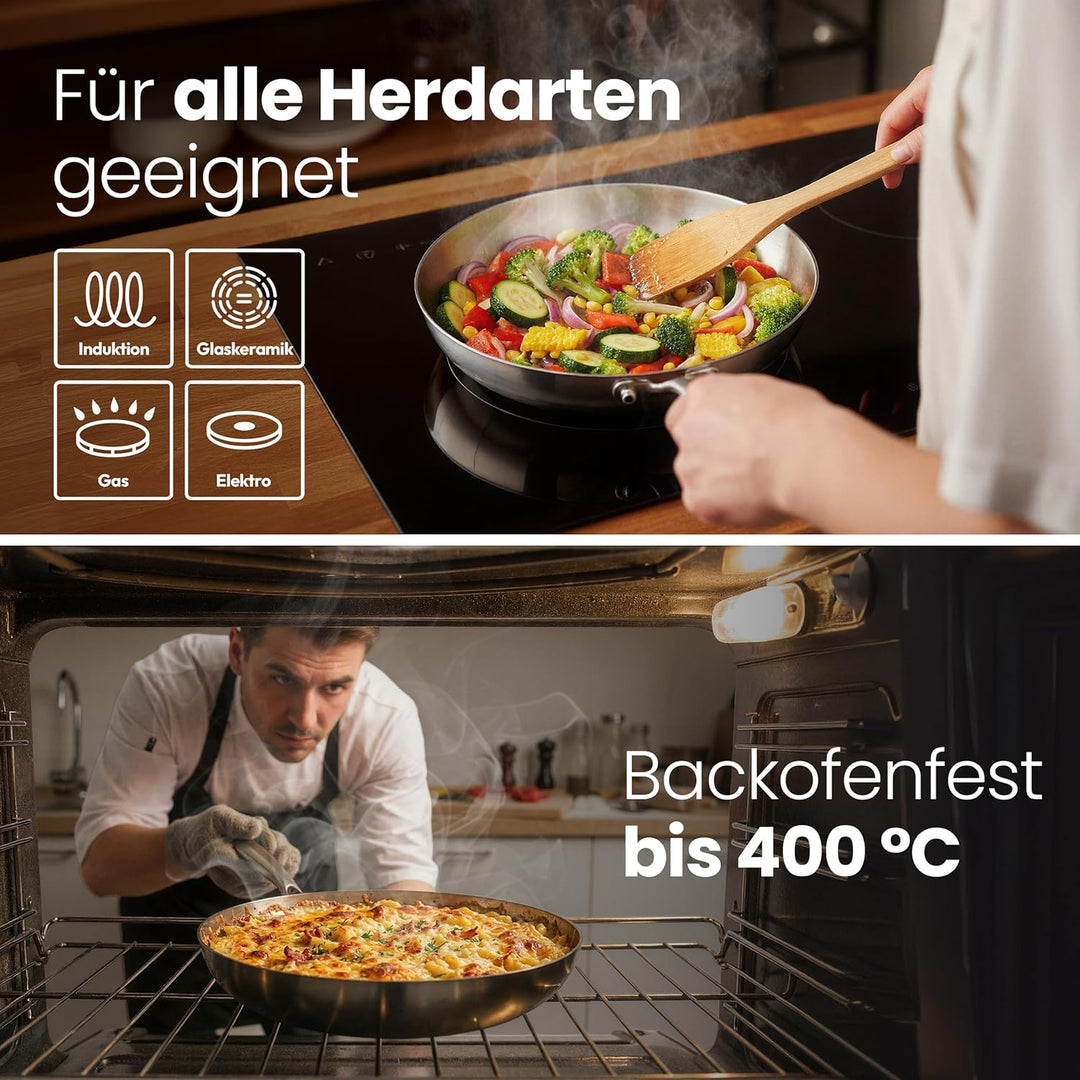 Batoris Edelstahlpfanne Unbeschichtet - Induktion - Profi Bratpfanne 28cm - Perfekt als Steakpfanne