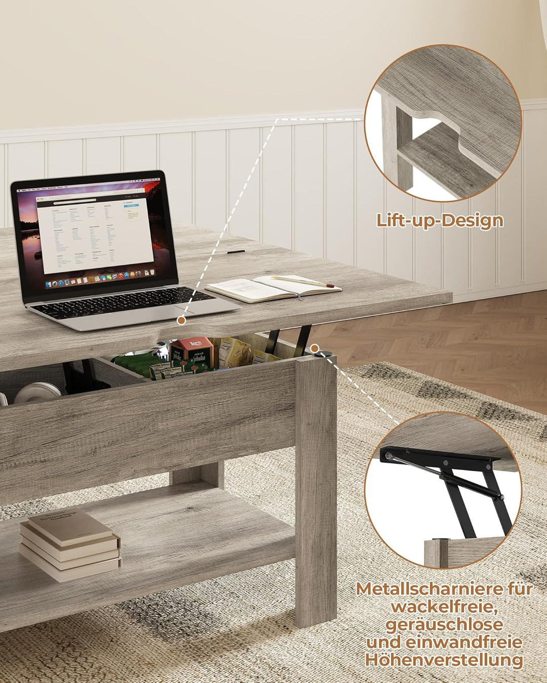 KIMENICH Couchtisch Höhenverstellbar, 3-in-1-Multifunktions-Wohnzimmertisch, Kaffeetisch, Versteckte