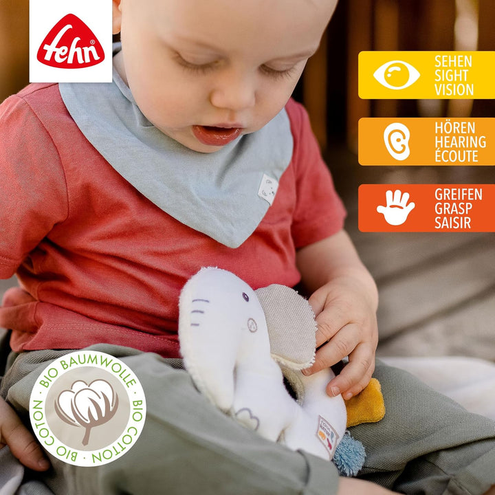 Fehn 056075 Ring-Greifling Elefant fehnNATUR – Bio-Babyspielzeug mit Rassel und Raschelpapier für Ba