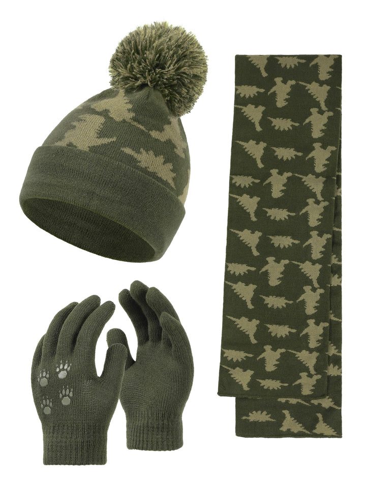 NATUST Mütze Schal Handschuh-Sets für Jungen Dinosaurier Wintermütze mit Bommel Warmer Strickschal H