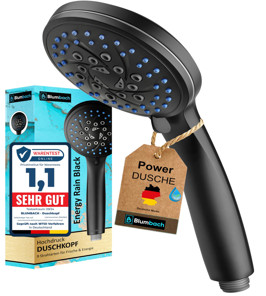 Duschkopf schwarz Energy Rain mit 9 Strahlarten, Shower Head, Duschbrause, Handbrause Dusche Brausek
