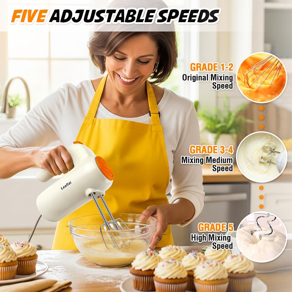 Handmixer, 5-Gang-Elektro-Schneebesen mit Turbo-Boost, inklusive 5 Edelstahl-Aufsätzen - Tolle Stand