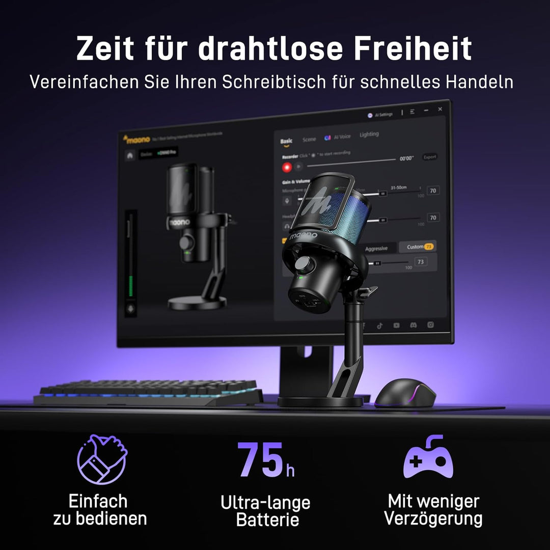 MAONO Mikrofon Kabellos für PC, Mikrofon PC mit Software-KI-Stimmänderung, 3-stufiger Rauschunterdrü