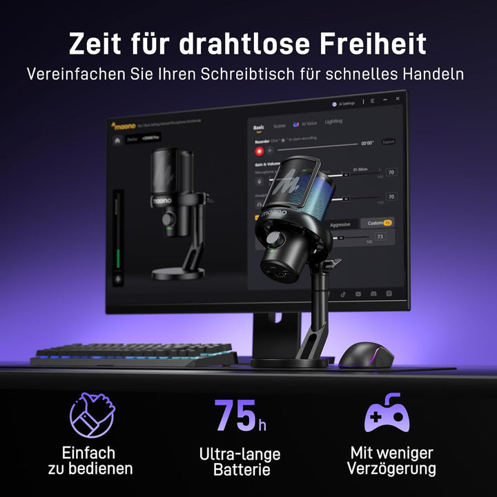 MAONO Mikrofon Kabellos für PC, Mikrofon PC mit Software-KI-Stimmänderung, 3-stufiger Rauschunterdrü
