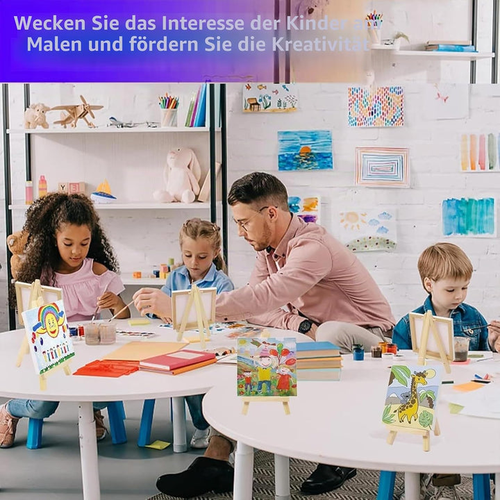 20 Stück Mini Leinwand mit Staffelei, 10 x 10 cm Mini Leinwände, 8 x 15 cm Staffelei Holz, Kleine Le