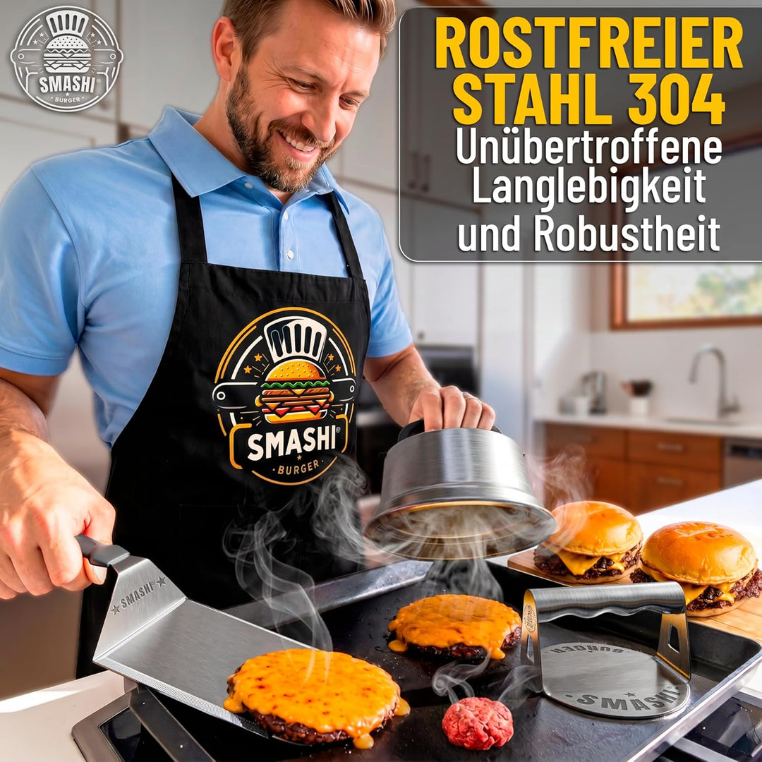 SMASHI® Smash Burger Set Professionell aus Edelstahl 304 – Burgerpresse, Grillspachtel & Burgerglock