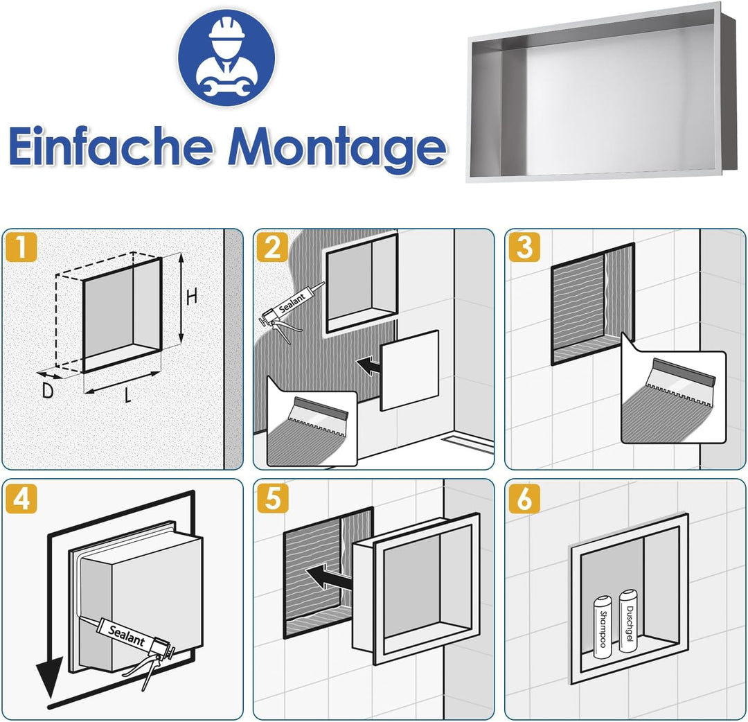 ROVOGO 60 x 30 x 10 cm Wandnische Dusche Edelstahl 304, Eingebettete Duschnische Einzelregal Lagerun