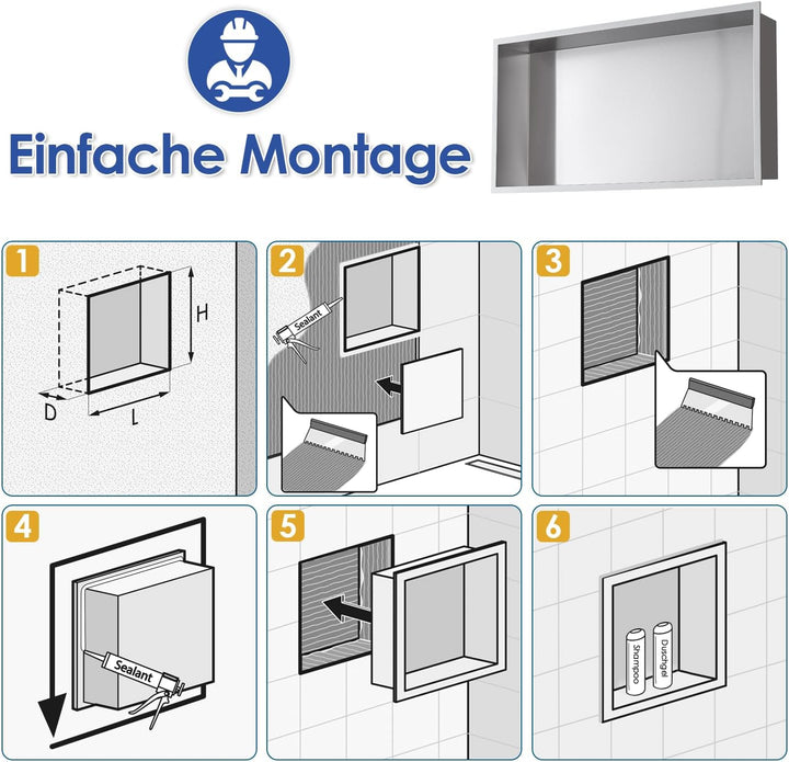 ROVOGO 60 x 30 x 10 cm Wandnische Dusche Edelstahl 304, Eingebettete Duschnische Einzelregal Lagerun