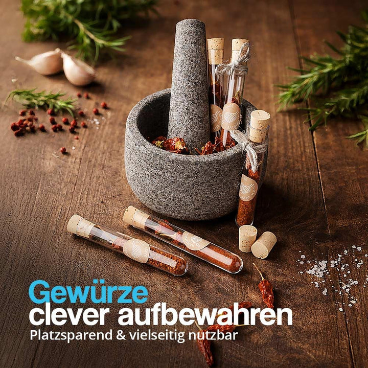 Tuuters 100x Kunststoff Reagenzgläser mit Korken (Naturkorken), Reagenzröhrchen (75 x Ø 12mm), 75 x