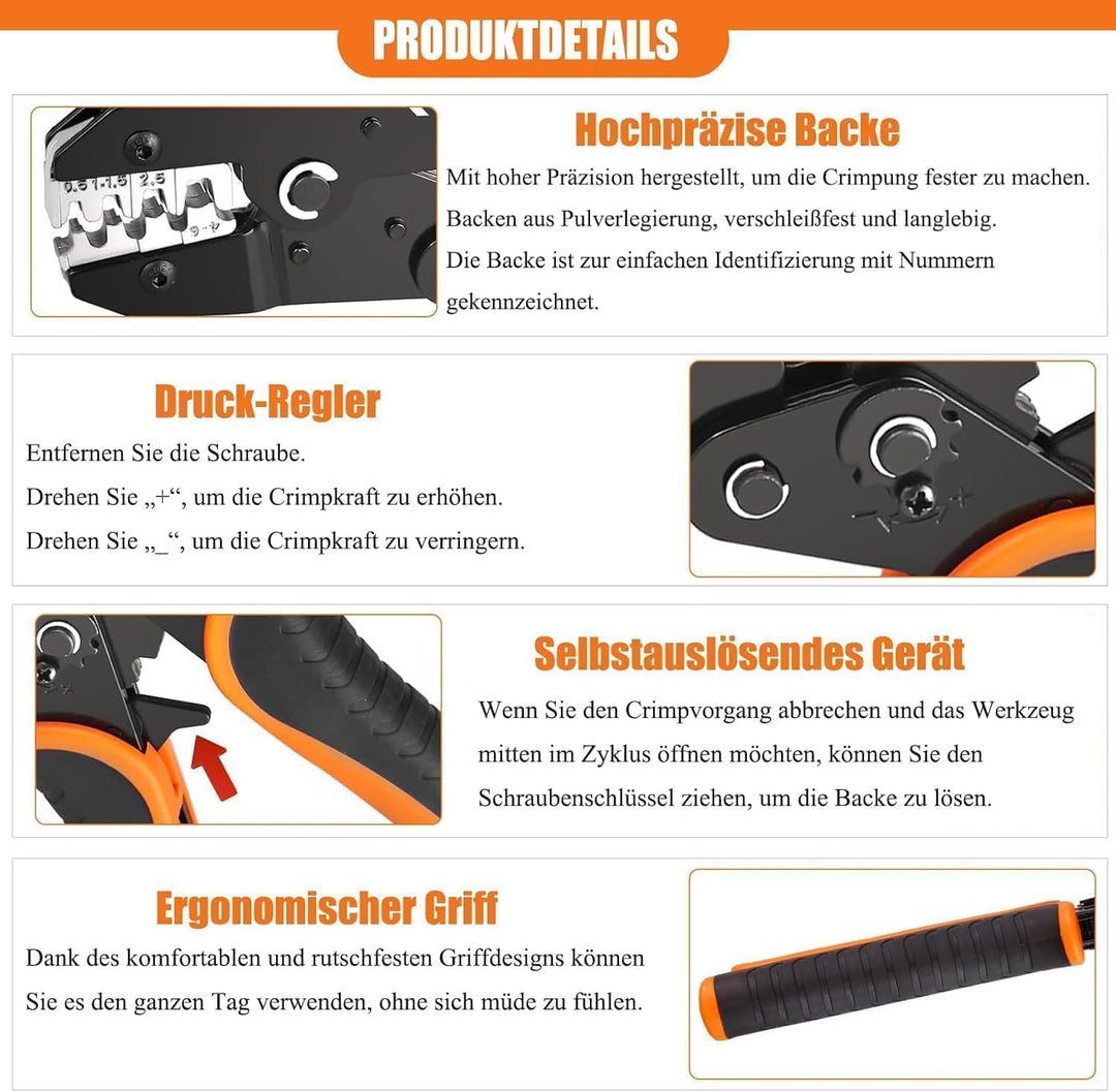 KF CPTEC Open-Barrel Crimpzange AWG 22–10 (0,5–6 mm²) für nicht isolierte Kabelschuhe & Flachstecker