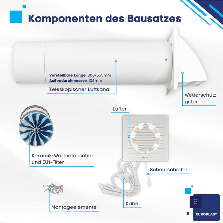 EUROPLAST 100mm Dezentrale Lüftung mit Wärmerückgewinnung mit Mit Kabel - Weiss Lüftungsanlage mit W