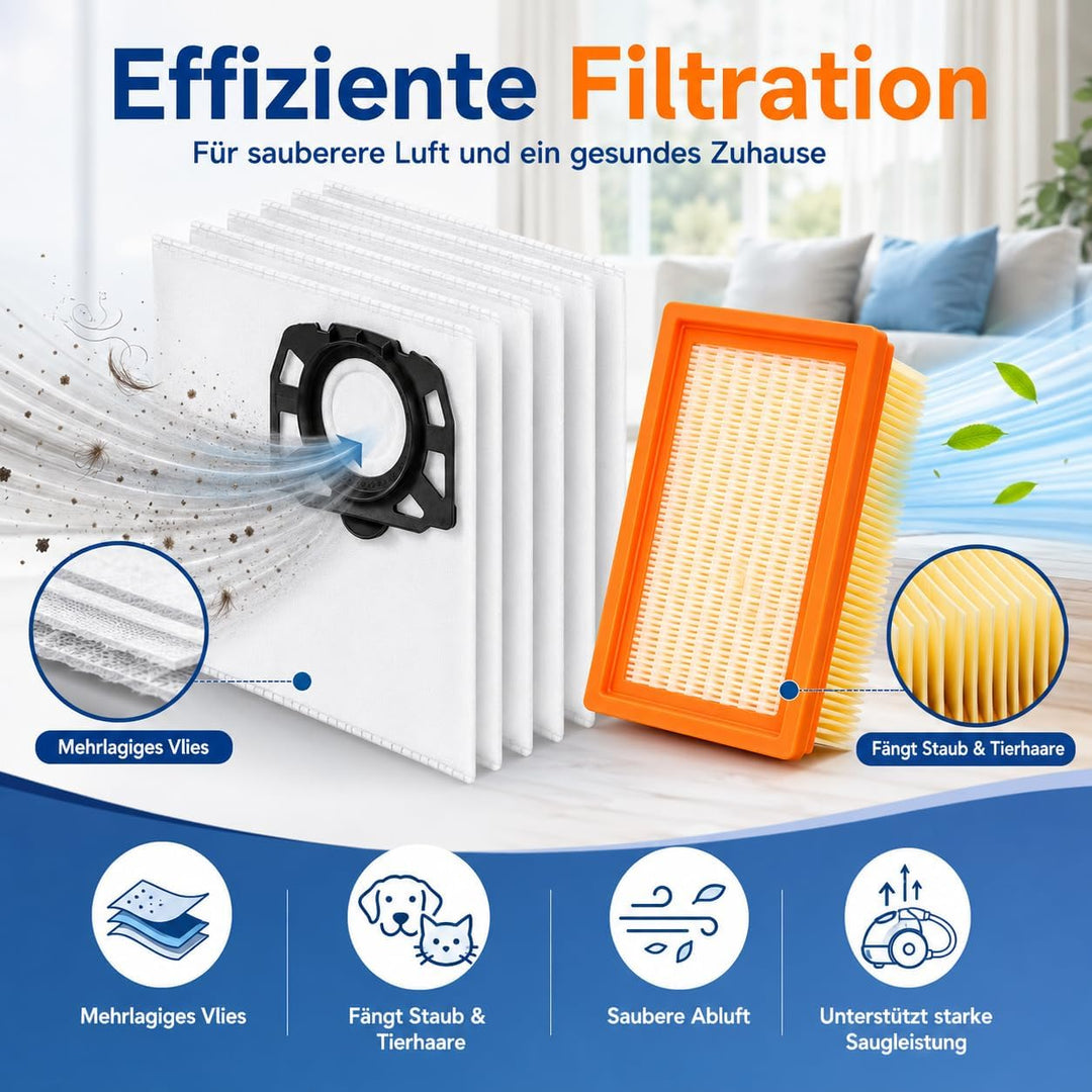 10 Stück Staubsaugerbeutel + 2 Stück Filter Ersatzset Kompatibel mit Kärcher WD4 WD5 WD6 WD5P WD6P M
