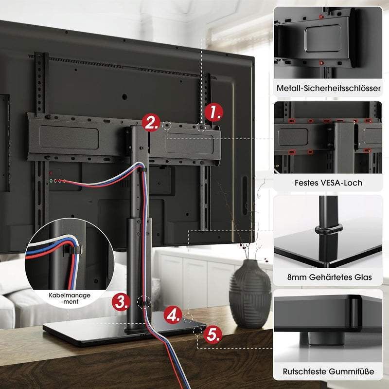 AOKCOS TV Standfuss TV Ständer Höhe 900mm für 32-55 65 75 Zoll Fernseher, Neigbar Schwenkbar Höhenve