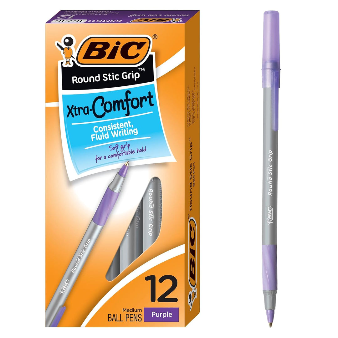 BIC Round Stic Grip Xtra Comfort Kugelschreiber, mittlere Spitze (1,2 mm), Violett, 12 Stück .12 Cou