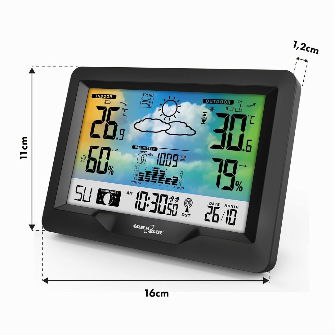 Green Blue GB540N Wetterstation mit Farbdisplay DCF Funkuhr | Innen- und Aussentemperatur, Wettervor