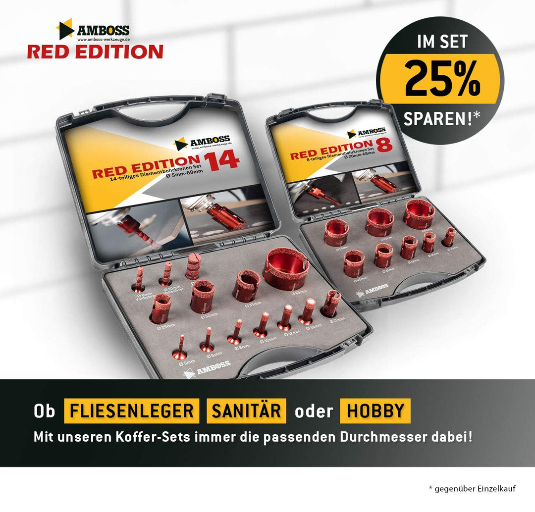 Amboss RED EDITION M14 Diamant Bohrkrone - für Winkelschleifer - Feinsteinzeug, harte Fliesen, Grani