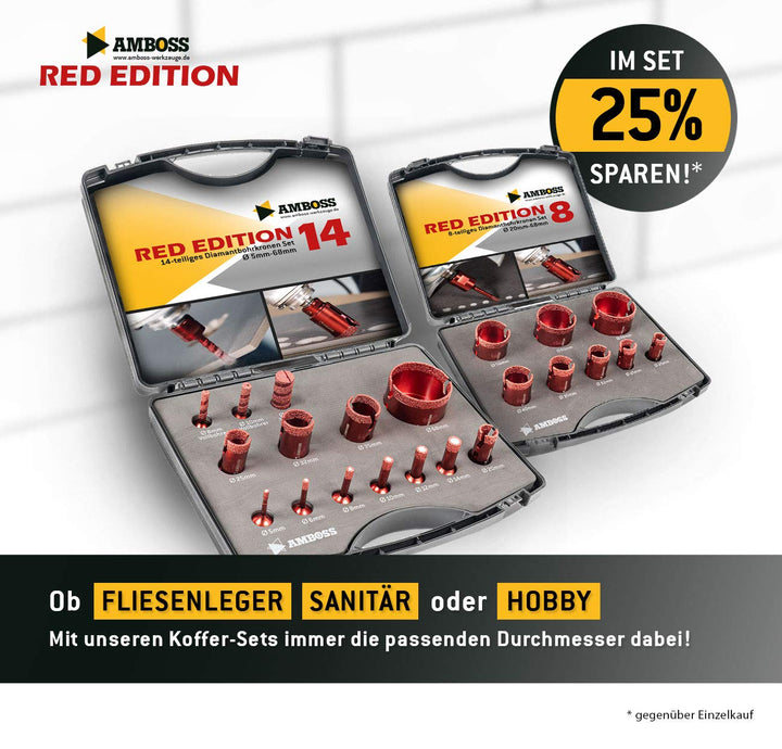 Amboss RED EDITION M14 Diamant Bohrkrone - für Winkelschleifer - Feinsteinzeug, harte Fliesen, Grani