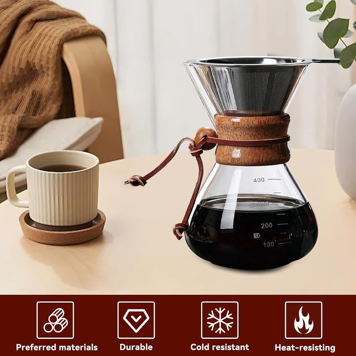 HERCHR Pour Over Kaffeebereiter Hand Kaffee Edelstahl Handfilter Aus Glas Mit Permanentfilter 400ML,