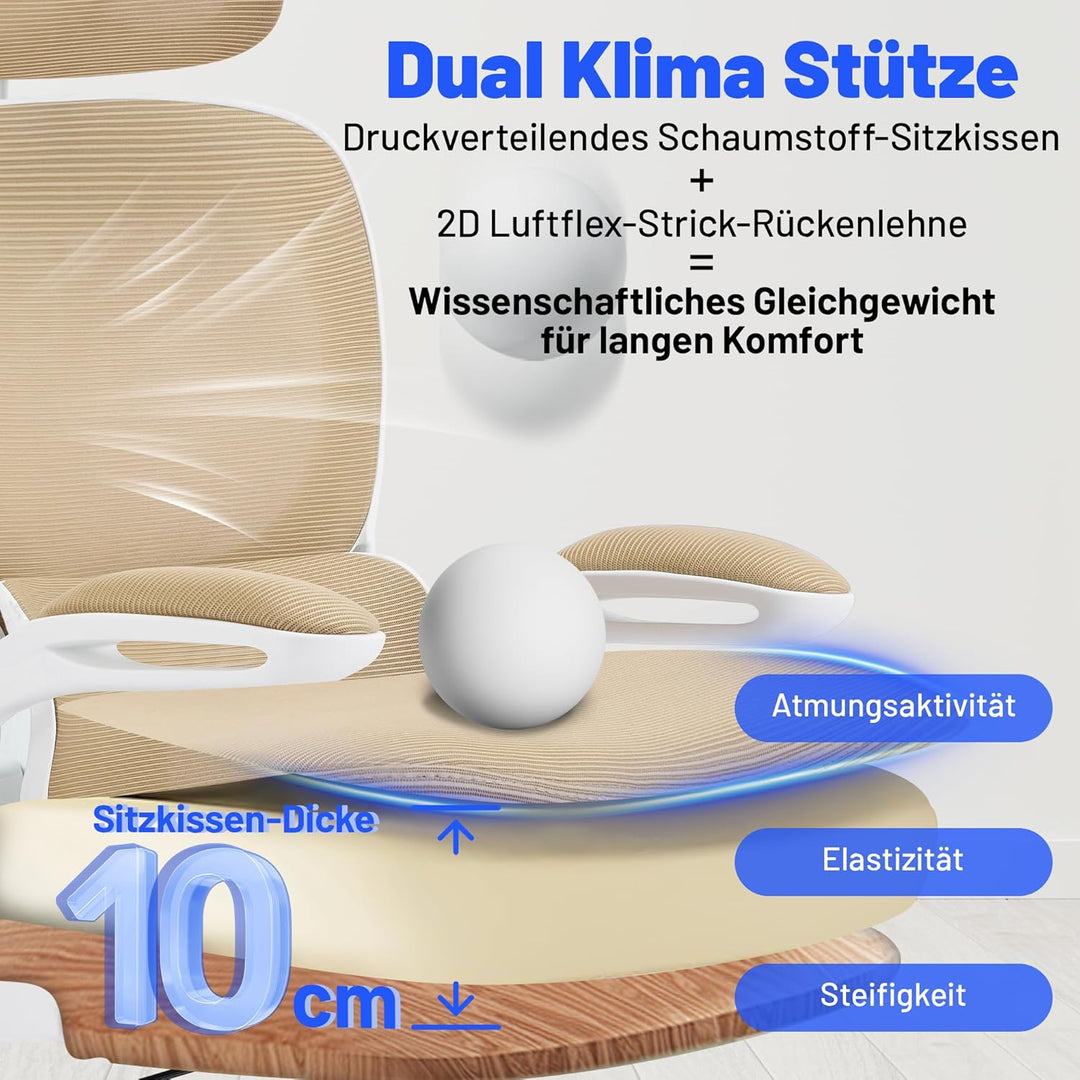 Bürostuhl Ergonomisch mit Kopfstütze, Verstellbarer Lendenwirbelstütze & Netzbespannung, Höhenverste