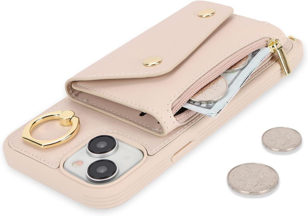 Lipvina Hülle für iPhone 15 Mit Band, Kartenhalter, Reissverschluss, Ring Ständer - Handyhülle Case