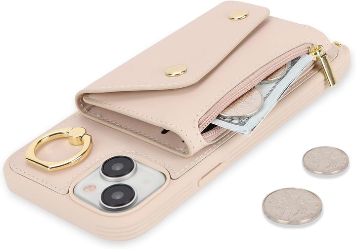 Lipvina Hülle für iPhone 15 Mit Band, Kartenhalter, Reissverschluss, Ring Ständer - Handyhülle Case
