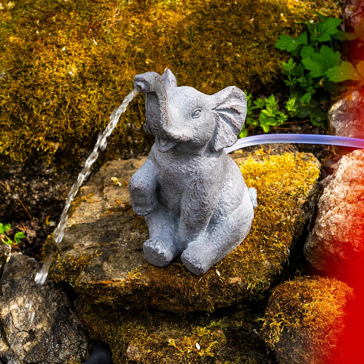 Esotec Solar Wasserspeier Set sitzender Elefant LUMI, H=17,5cm, Wasserspiel mit Teichpumpe 250l/h, S