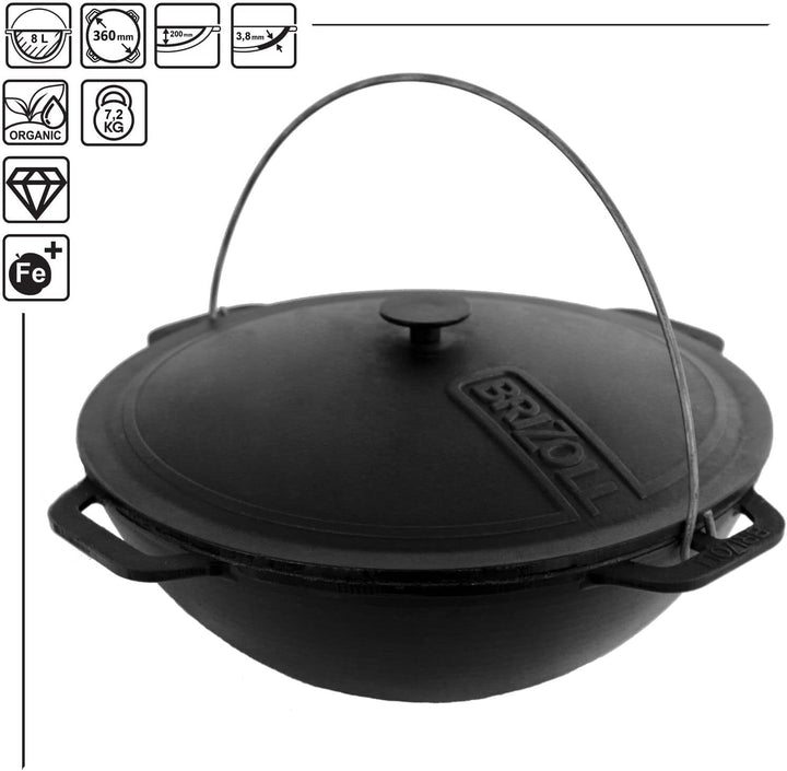 4BIG.fun Gusseisen Kazan 8 L Schwenktopf Kasan mit Deckel aus Gusseisen Wokpfanne Grill Cast Iron Ca