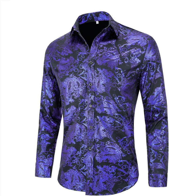 Allthemen Herren Jacquard Hemd Langarm Satin Freizeithemd Paisley Herrenhemd für Party Hochzeit S Bl