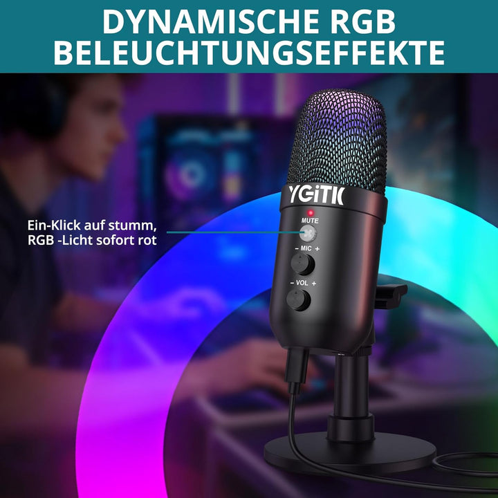 YGiTK USB-Kondensatormikrofon, Mikrofon für PS4 PS5 Gaming, Mikrofon mit Dynamisches RGB Effekt, Stu