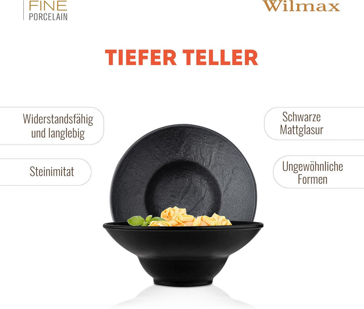 Wilmax | Tiefe Schalen - 2 Stück 22,5 cm / 1100 ml | Schwarze Pastateller | Natursteintextur | Für P