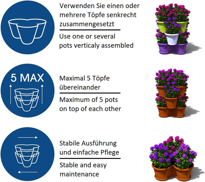 Gariella 4X Blumentopf Säulentopf Pflanzturm Hochbeet Pflanztopf-Kübel mit Untersetzer stapelbar bru