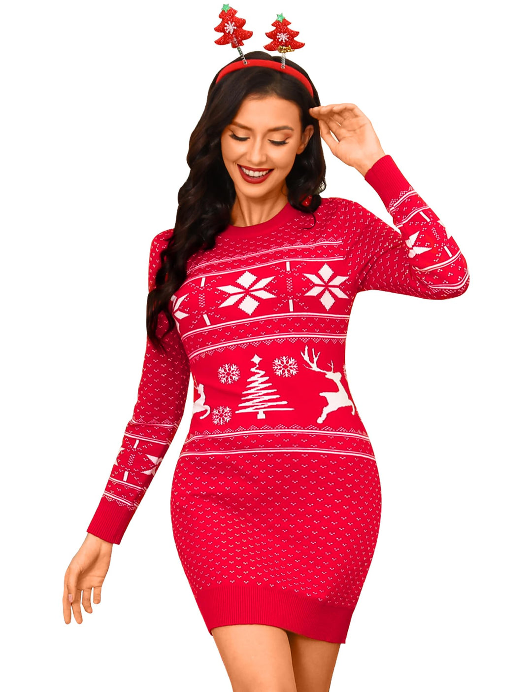 Cowasto Strickkleid Damen Rundhals Weihnachtskleid Langer Pullikleid Pulloverkleid Frauen Kleider Pu
