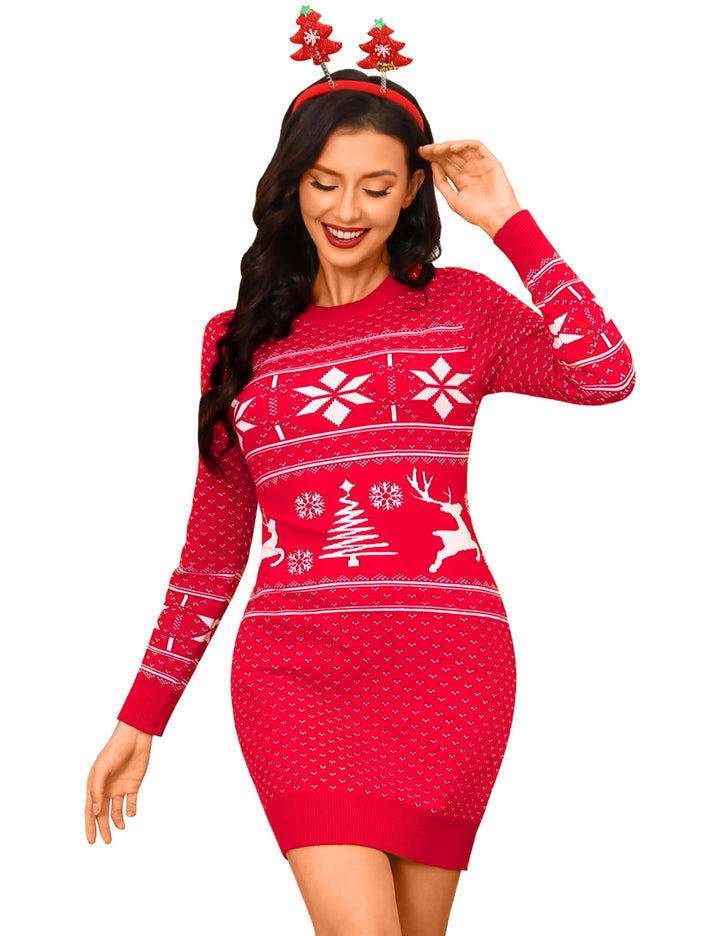 Cowasto Strickkleid Damen Rundhals Weihnachtskleid Langer Pullikleid Pulloverkleid Frauen Kleider Pu