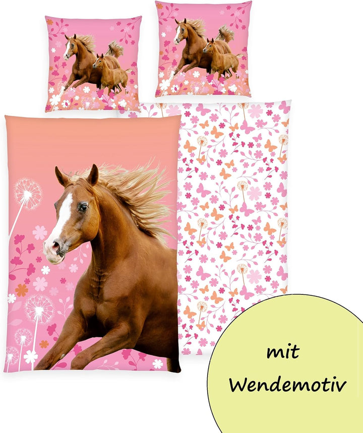 Matt&Rose Wendebettwäsche 135x200 cm 80x80 cm 100% Baumwolle Pferd rosa mit Blumen