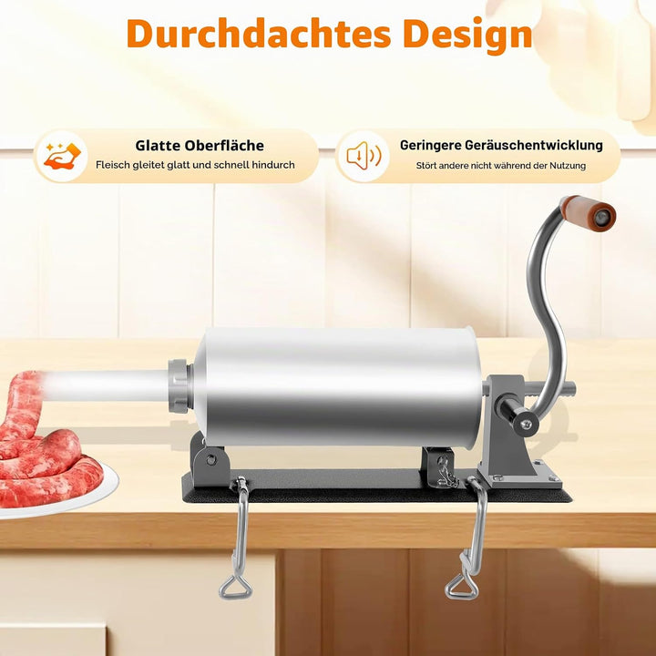 Wurstfüller 3L Edelstahl, Manuelle Wurstmaschine mit Handkurbel &amp; 4 Füllrohren, Horizontale Wurstpre