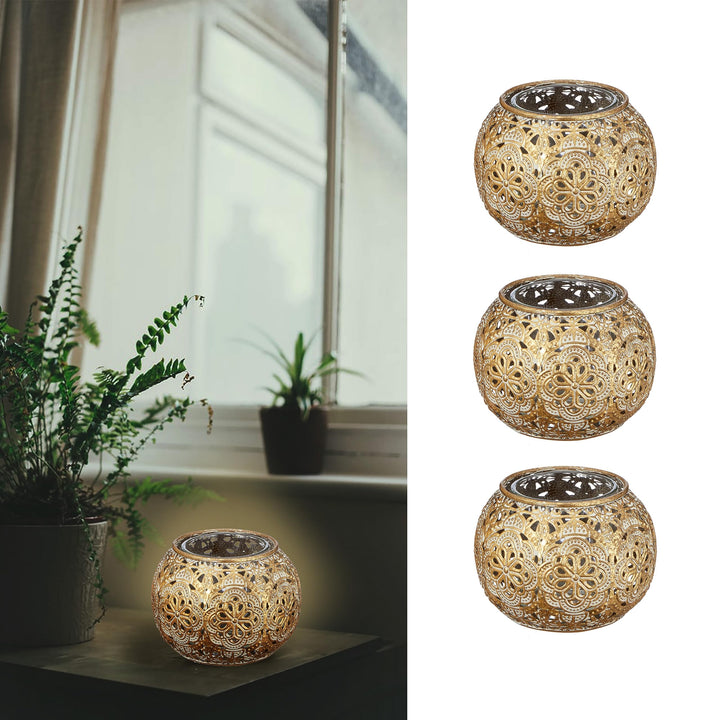 Windlicht 3er Set Mandala-Design │ Glas Metall 9x7cm Gold weiss │ Glaseinsatz für Kerze Teelicht (1