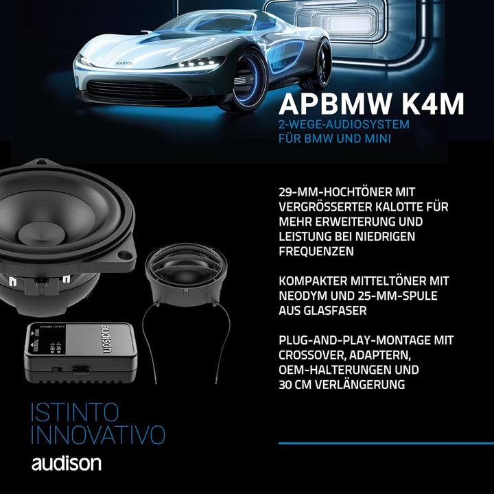 Audison APBMW K4M – 2-Wege-System für BMW/MINI mit 100-mm-Mitteltöner, Hochtöner und Weiche, 100W Pe