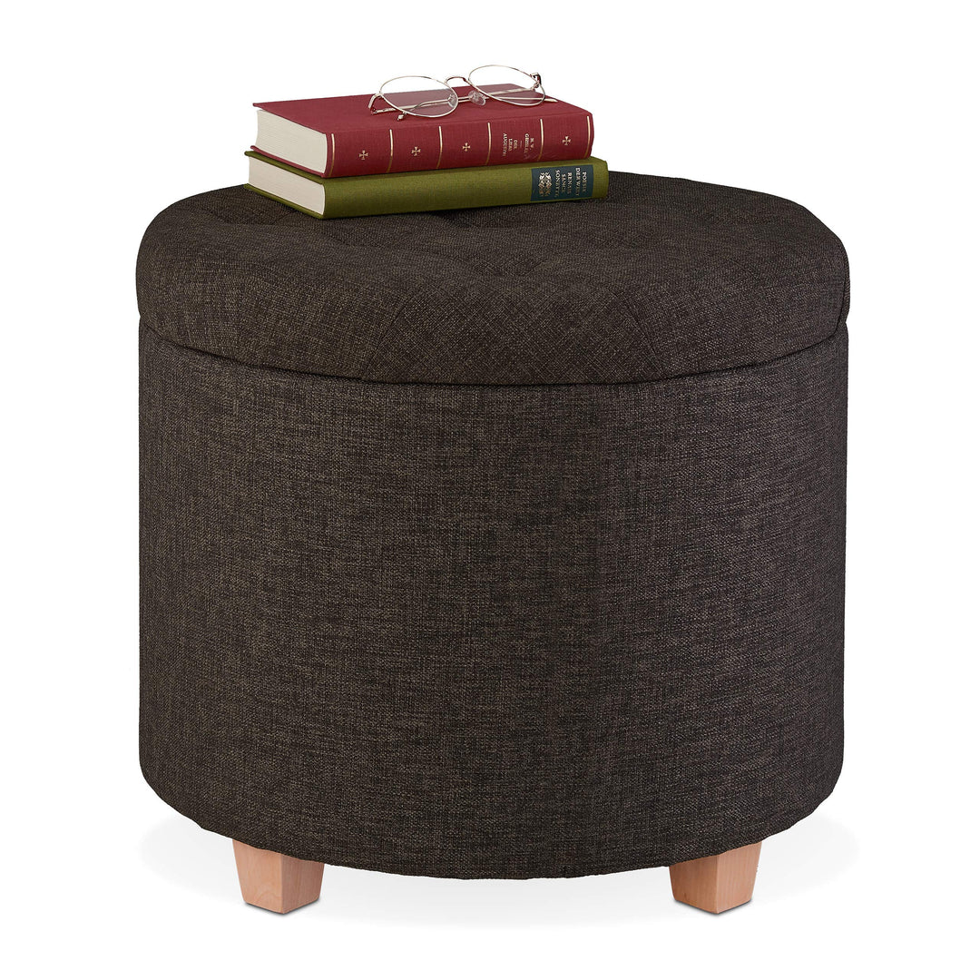 Relaxdays Sitzhocker mit Stauraum, gepolsterter Hocker rund, für Wohnzimmer, Leinen-Optik, H x D: 41