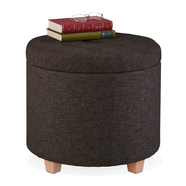 Relaxdays Sitzhocker mit Stauraum, gepolsterter Hocker rund, für Wohnzimmer, Leinen-Optik, H x D: 41