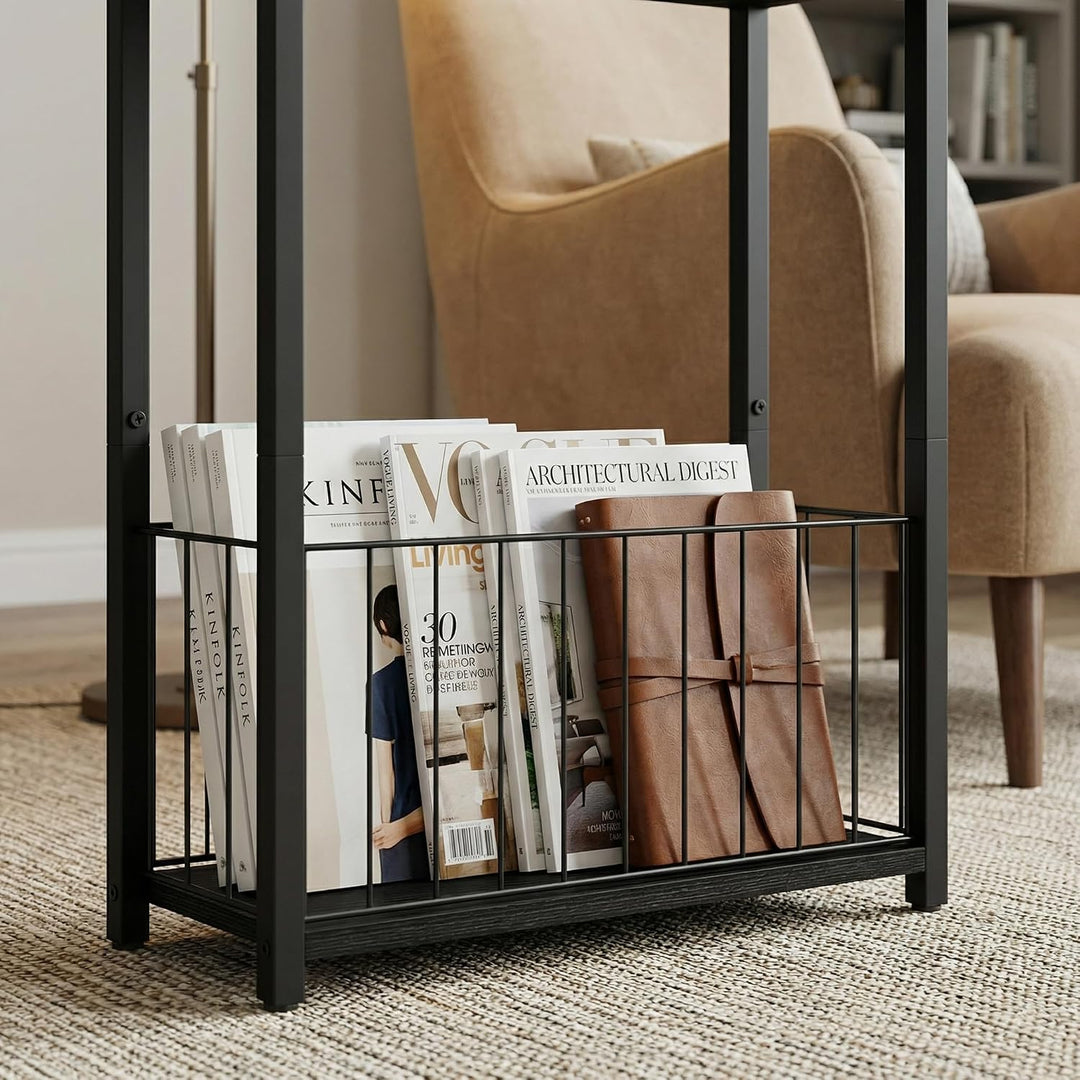 Schmaler Beistelltisch mit Zeitschriftenhalter, Schwarz | Eisenrahmen und MDF-Platte, 18 x 43 x 60 c
