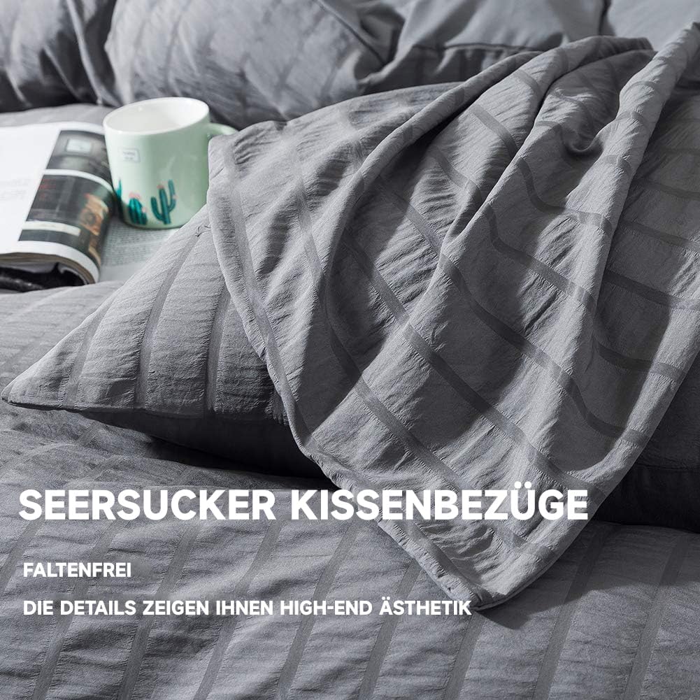 Boqingzhu Seersucker Bettwäsche Grau 155x220cm Sommer Atmungsaktiv Kühlende Wende Bettwäsche Set Bet