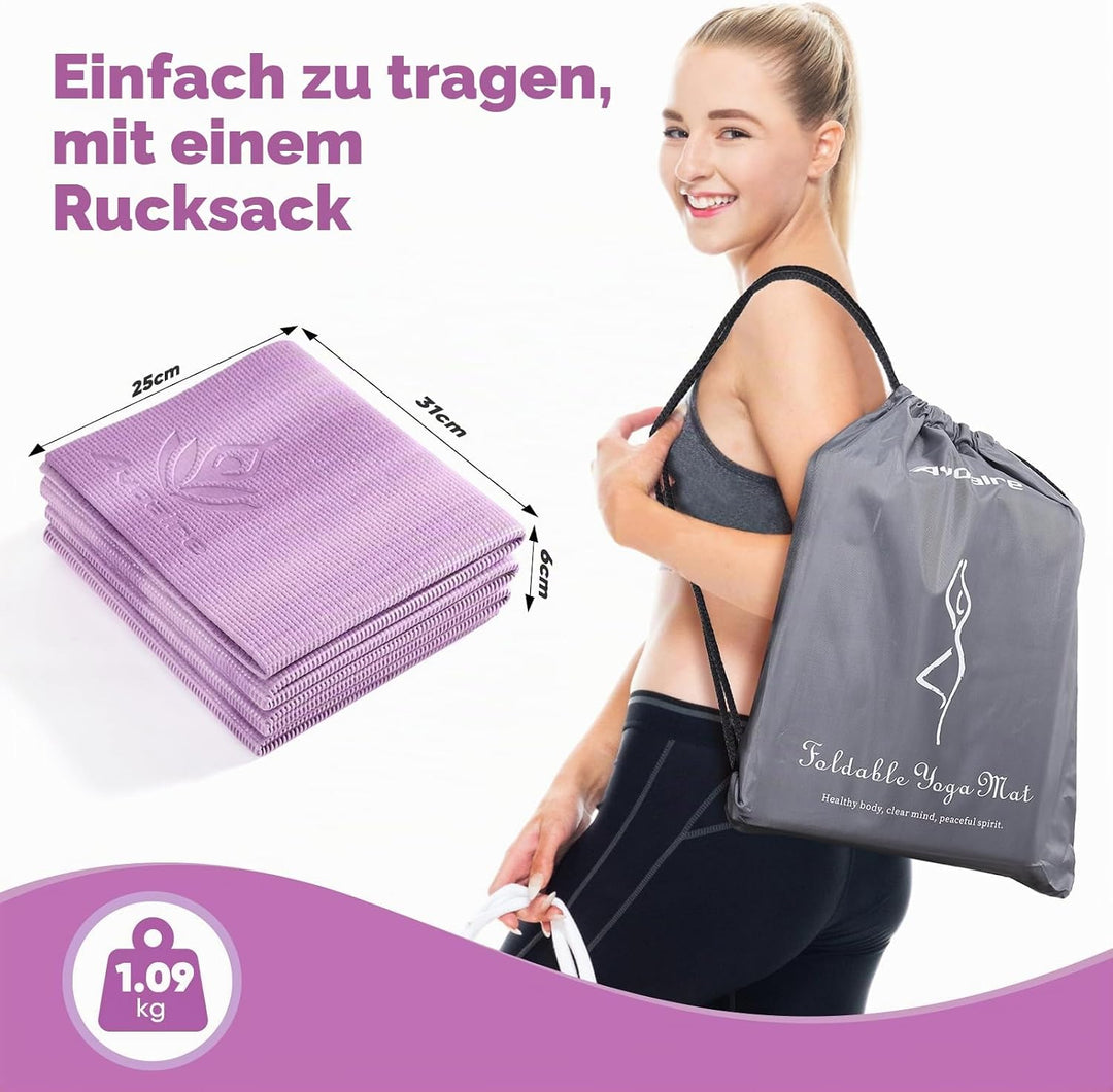 Avoalre Yogamatte rutschfest,173 X 61CM Tragbare Trainingsmatte 5MM,reise Yogamatte faltbar Gymnasti