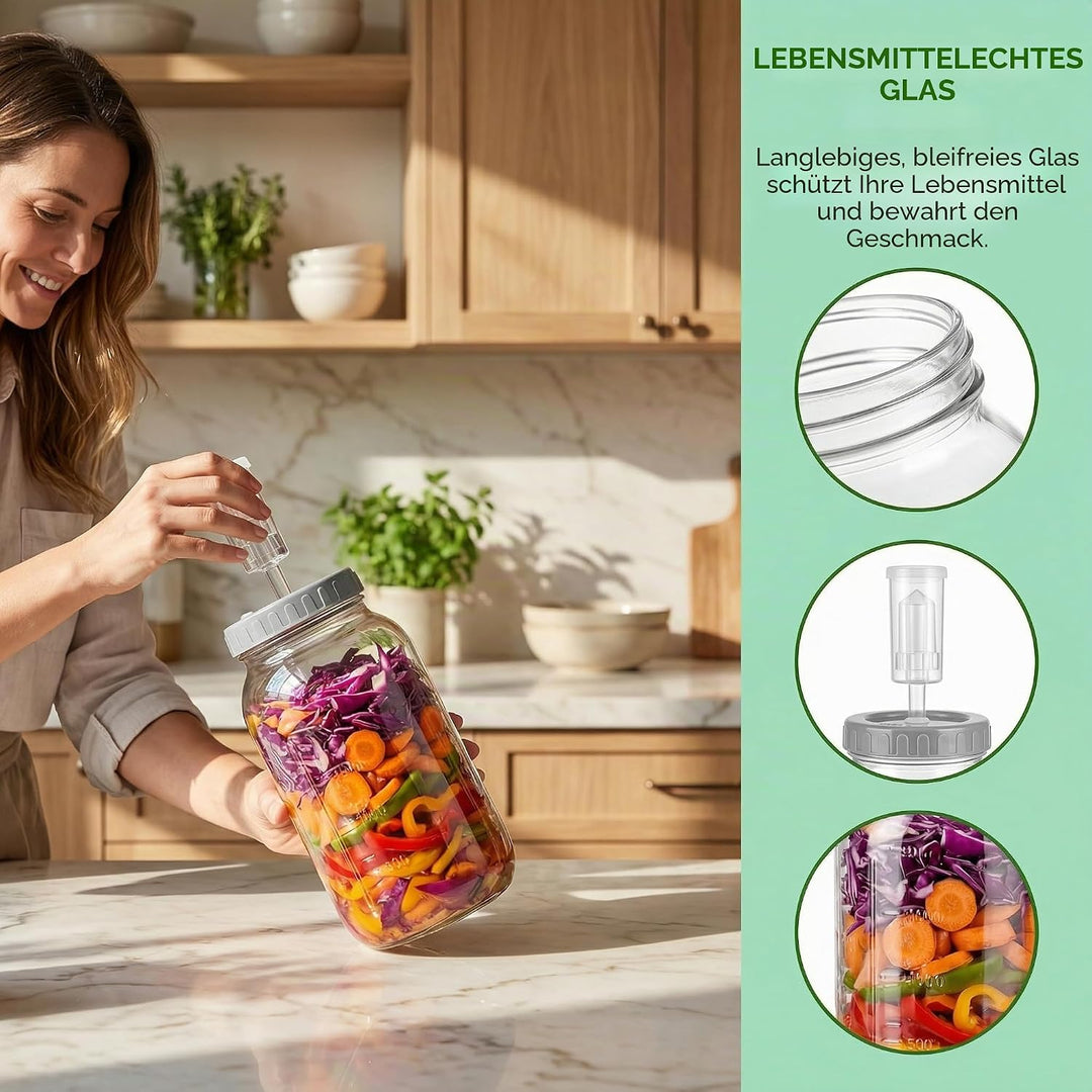 2 Stück Fermentierglas 2L mit Deckel Fermentiergläser Kimchi Behälter Luftschleuse Gärglas mit Etike