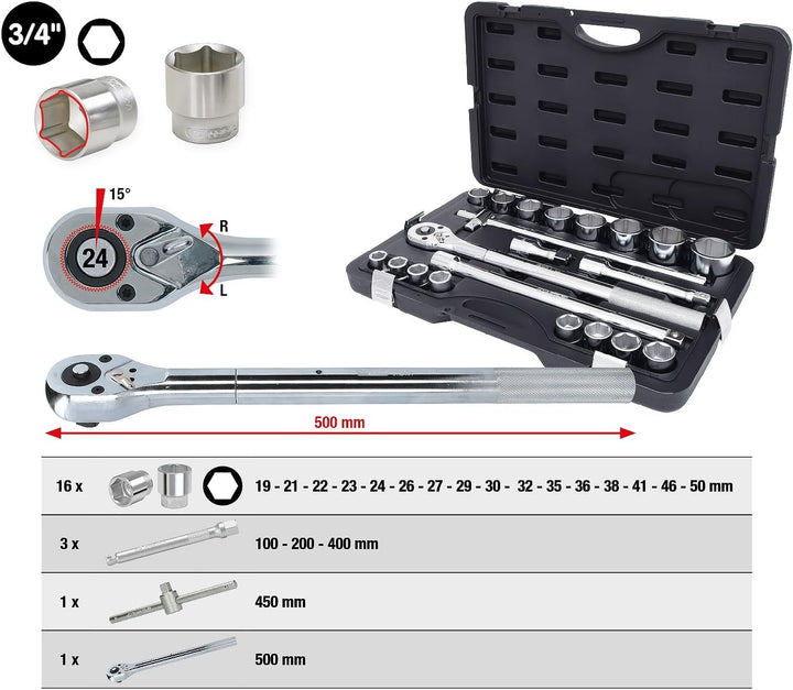 KS Tools 911.0721 3/4" Steckschlüssel-Satz, 21-tlg 6-kant 3/4", 6-kant 3/4", 3/4", 6-kant 3/4"