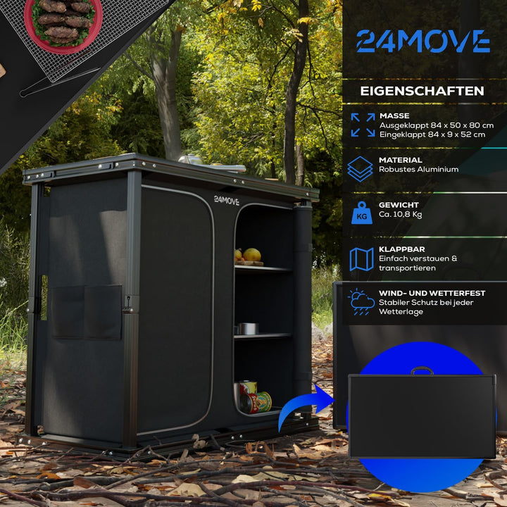 24MOVE® Campingküche faltbar, höhenverstellbarer Campingschrank Alu Reiseküche mit Arbeitsplatte und