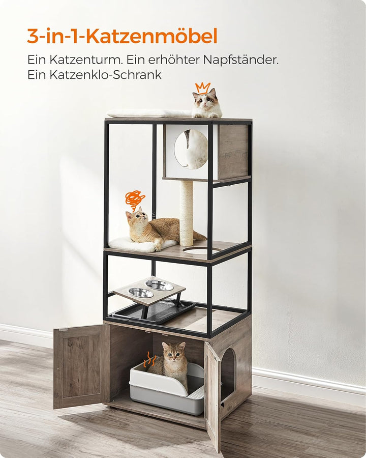 Feandrea Kratzbaum, Katzenbaum, Katzenhaus mit Katzenklo-Schrank, erhöhter Napfständer, Sisalstamm,