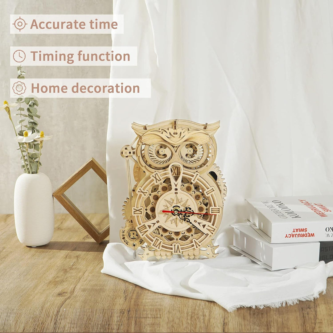 Robotime 3D Puzzle Holz Eule Uhr, Hölzerne Mechanische Modellbausatz für Erwachsene, Handwerk Holzba