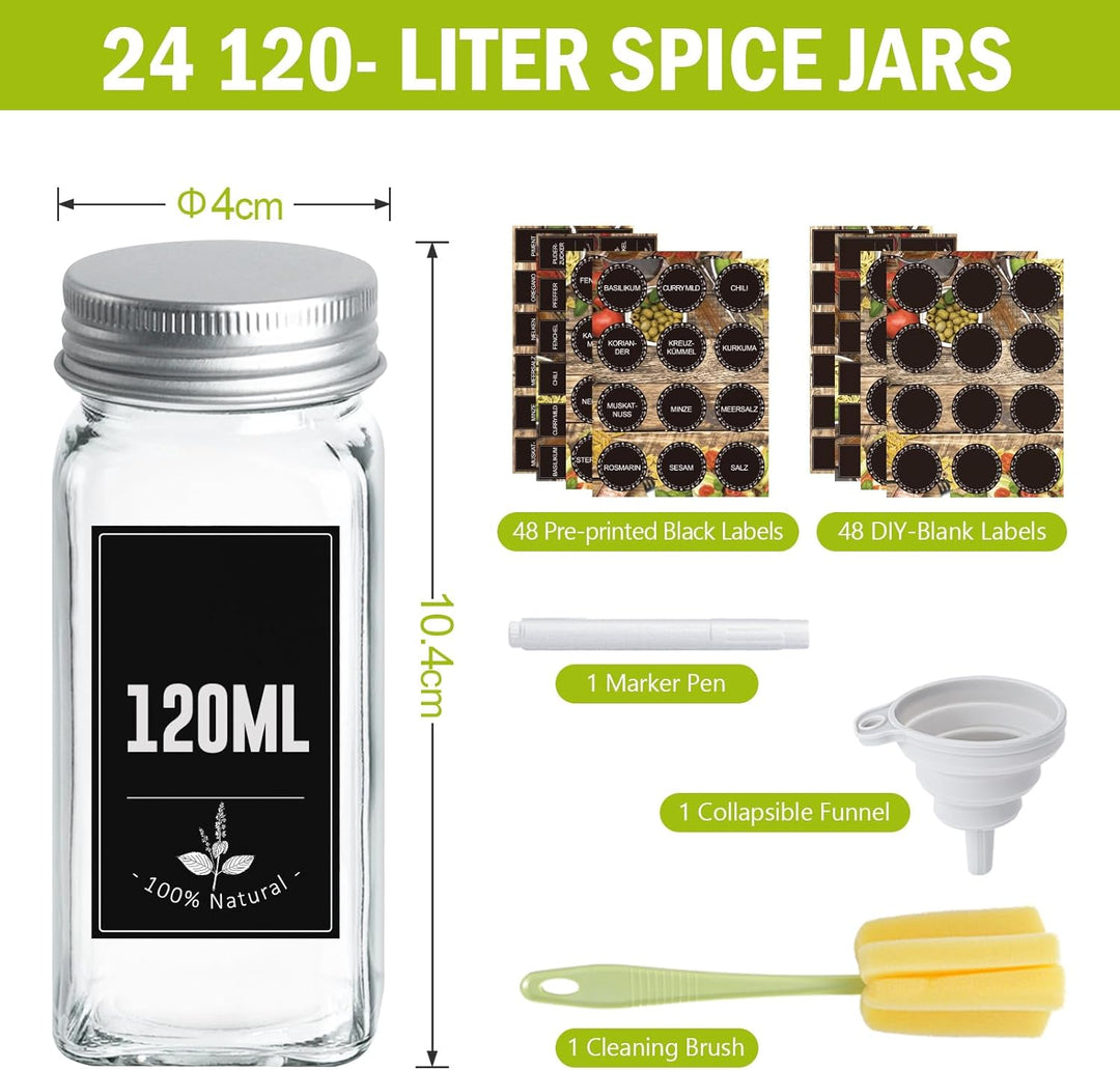 Ferghana Gewürzgläser Eckig Set，24x120ml Gewürzdosen Set，Spice Jars mit Streueinsatz，Etiketten，Reini